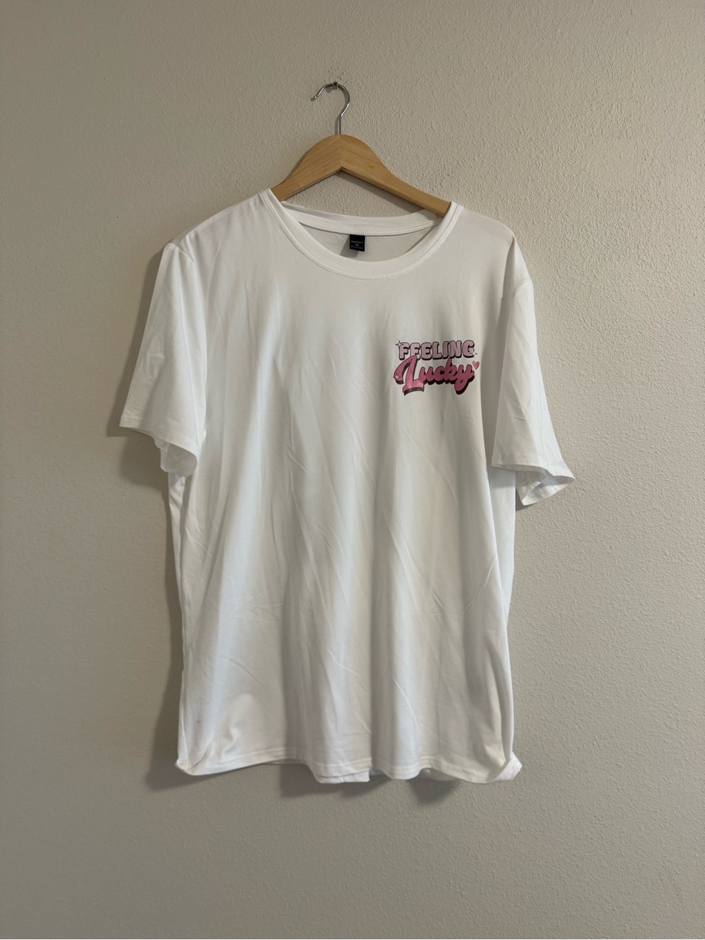 White Tee with Pink "Feeling Lucky" Graphic